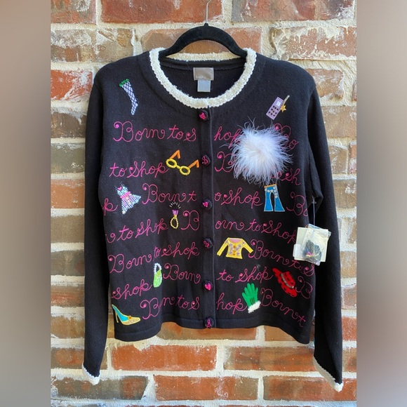 💐NEW👜Berek “Born to Shop” Embellished Cardigan Sweater Size L👒 - Picture 1 of 16